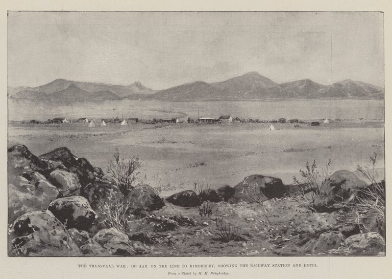 德瓦尔德（De Aar）的德兰士瓦战争（The Dealva War），前往金伯利（Kimberley），显示火车站和酒店 作者 约瑟夫·霍兰·特林厄姆