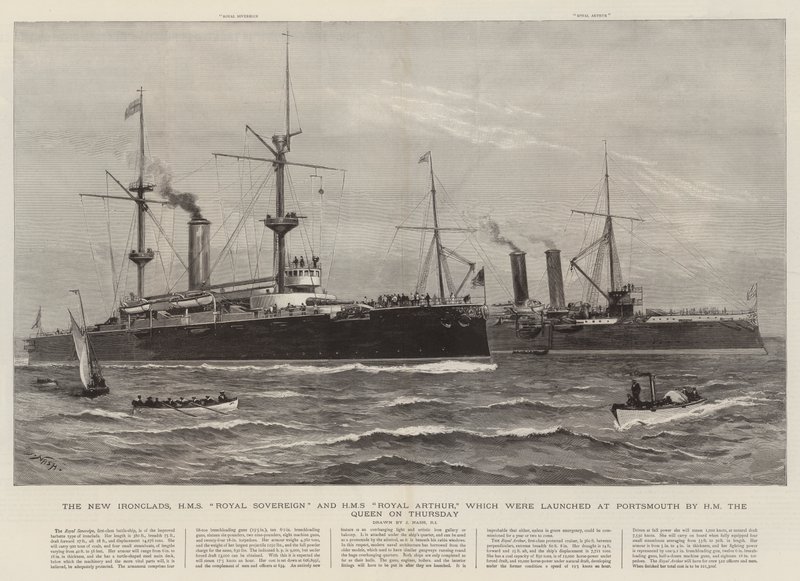 星期四由女王女王在朴茨茅斯推出的New Ironclads，HMS Royal Sovereign和HMS Royal Arthur 作者 约瑟夫·纳什