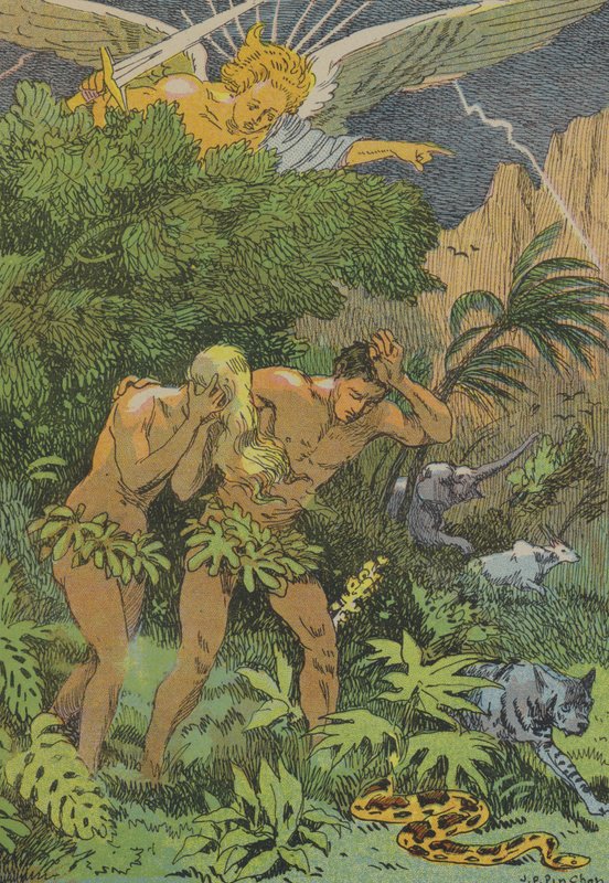 亚当和夏娃被逐出伊甸园（彩色石版画） 作者 约瑟夫·波菲里·平雄