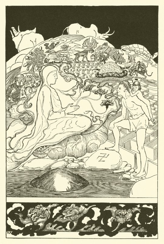 当最年长的魔术师与男人和他的小女孩女儿交谈时，螃蟹Pau Amma跑开了（雕刻）。 作者 约瑟夫·拉迪亚德（后）吉卜林