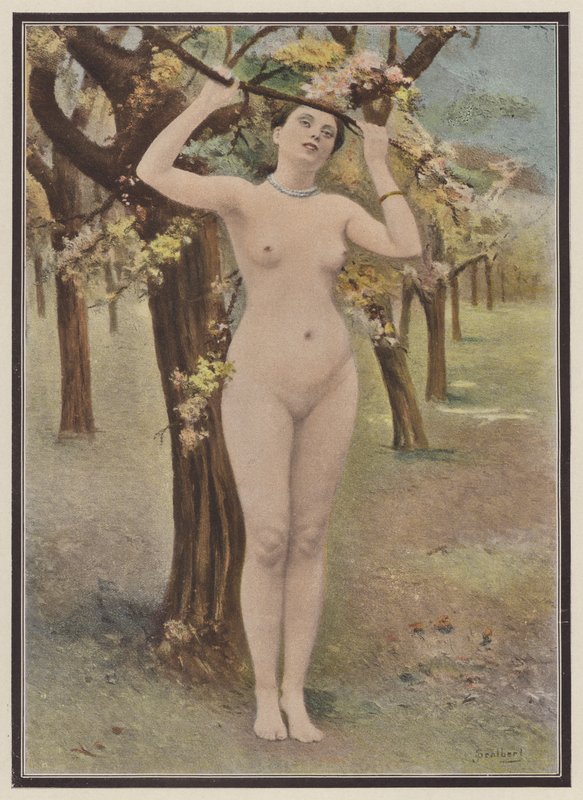 春天，女人与树花（彩色石版画） 作者 朱尔斯（后）斯卡尔伯特