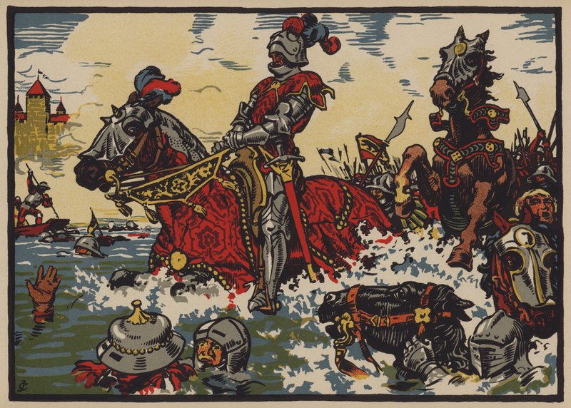 1476年6月22日，瑞士人在莫拉特战役中对勃艮第人的胜利（彩色平版印刷）。 作者 朱尔斯·库瓦西耶（Jules Courvoisier）
