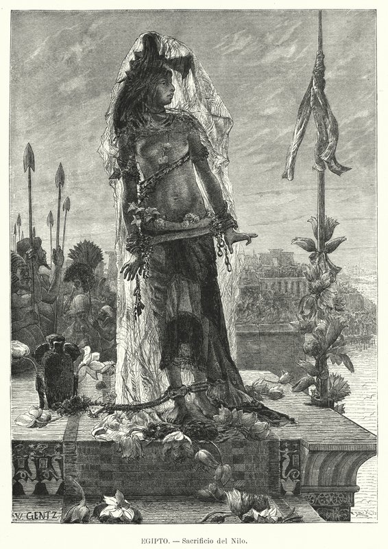 在古埃及向尼罗河献祭处女（石版画）。 作者 卡尔·威廉·根茨