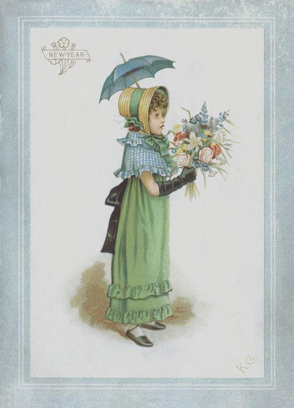 绿色礼服的女孩，拿着遮阳伞和一束花 作者 凯特·格林威（Kate Greenaway）
