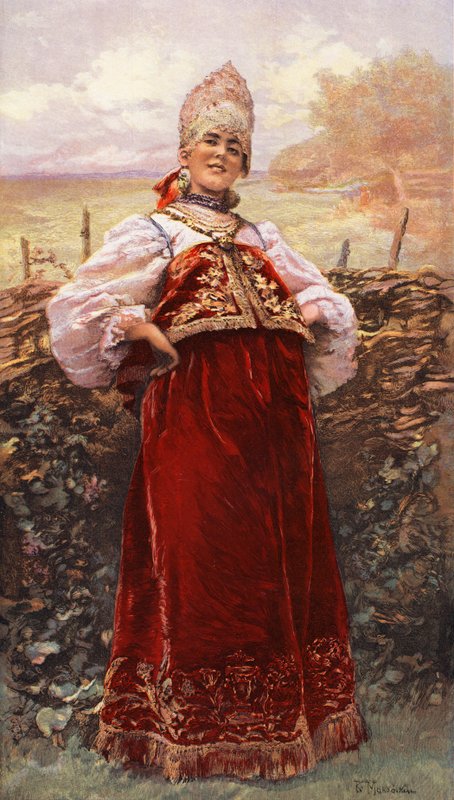 俄罗斯少女（彩色石版画） 作者 康斯坦丁·E·马科夫斯基