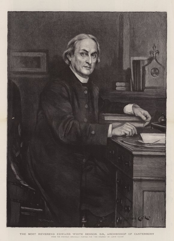坎特伯雷大主教爱德华-怀特-本森副主教（雕刻）（The Most Reverend Edward White Benson, DD, Archbishop of Canterbury）。 作者 兰斯·卡尔金