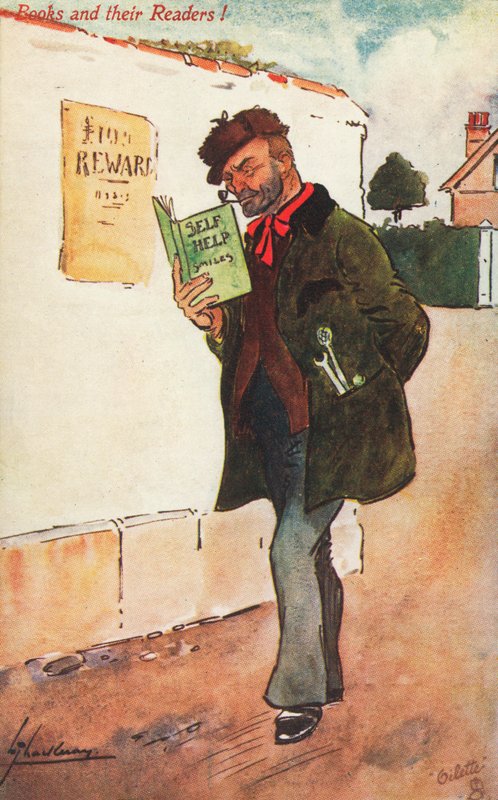 Workman reading a self help book (colour litho) 作者 兰斯·萨克雷