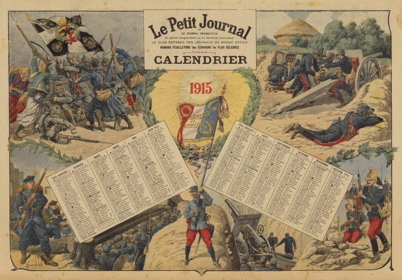 1915年日历，包括第一次世界大战的战场场景（彩色平印）。 作者 路易斯·查尔斯（后）轰炸
