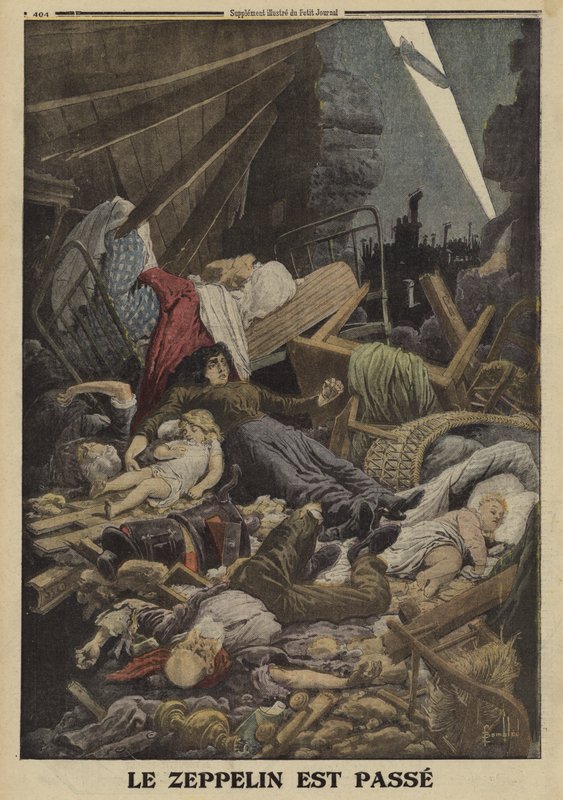 在德国齐柏林飞艇的轰炸中丧生的家庭，第一次世界大战，1916年（彩色平印）。 作者 路易斯·查尔斯（后）轰炸