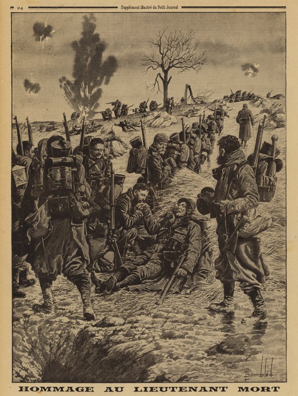 法国士兵向一名阵亡的中尉表示敬意，第一次世界大战 作者 路易斯·查尔斯（后）轰炸