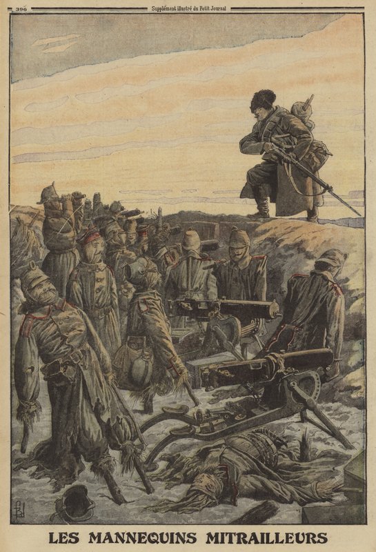 俄国士兵发现德军战壕中的机枪，由假士兵操作；第一次世界大战 作者 路易斯·查尔斯（后）轰炸