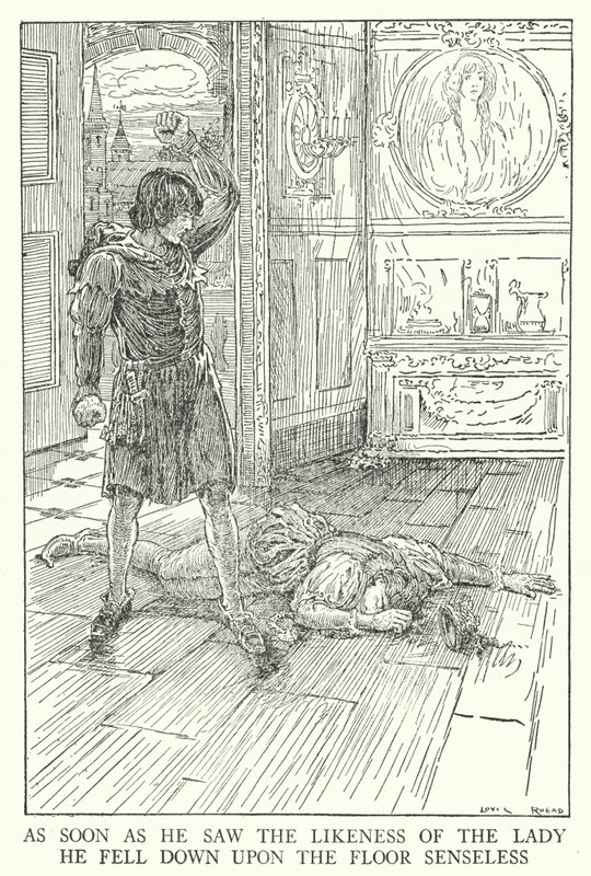 一看到那位女士的模样，他就毫无知觉地倒在地上（石版画） 作者 路易斯·约翰·黑德