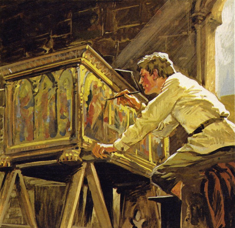 Duccio di Buoninsegna 曾在锡耶纳装饰盒子（彩色石版画） 作者 路易斯·阿卡斯·布劳纳
