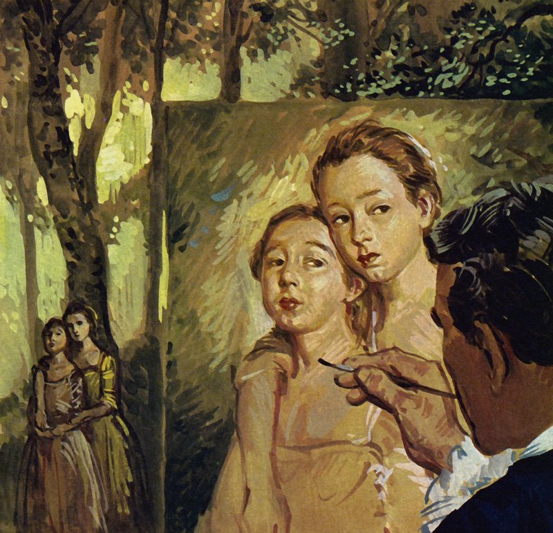 庚斯博罗经常为他的两个女儿画肖像（彩色石版画） 作者 路易斯·阿卡斯·布劳纳