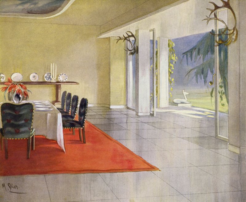 1930s interiors: Dining-room in a country house (colour litho) 作者 金牛座