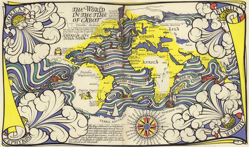 航海家约翰和塞巴斯蒂安卡博特时代的世界地图（彩色石版画） 作者 麦克唐纳·吉尔