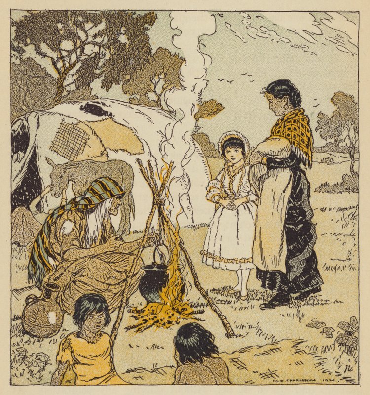 玛吉-塔利弗与吉普赛人，乔治-艾略特《棉花上的磨坊》中的场景（彩色石版印刷）。 作者 马尔科姆·丹尼尔·查尔斯森