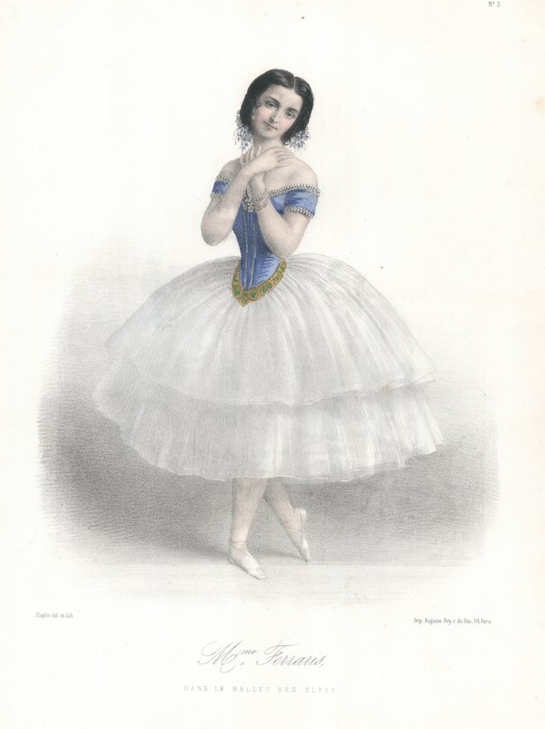 意大利芭蕾舞演员Amalia Ferraris在巴黎歌剧院的Elfes芭蕾舞团，约1860年（彩色平版印刷）。 作者 玛丽·亚历山大（后）阿洛菲（Alophe）