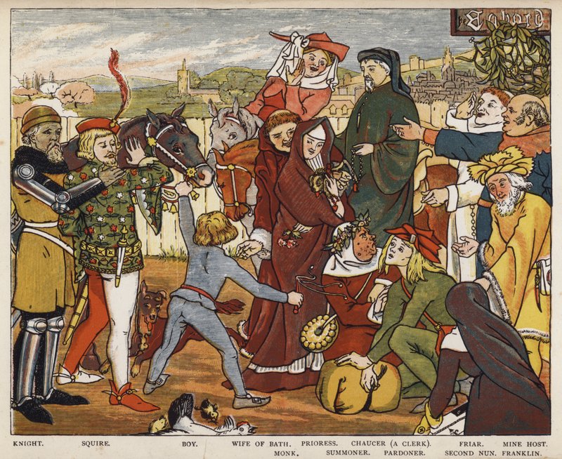 Geoffrey Chaucer, The Canterbury Tales, The Pilgrims leaving The Tabard Inn (colour litho) 作者 玛丽·伊丽莎·哈威斯（Mary Eliza Haweis）