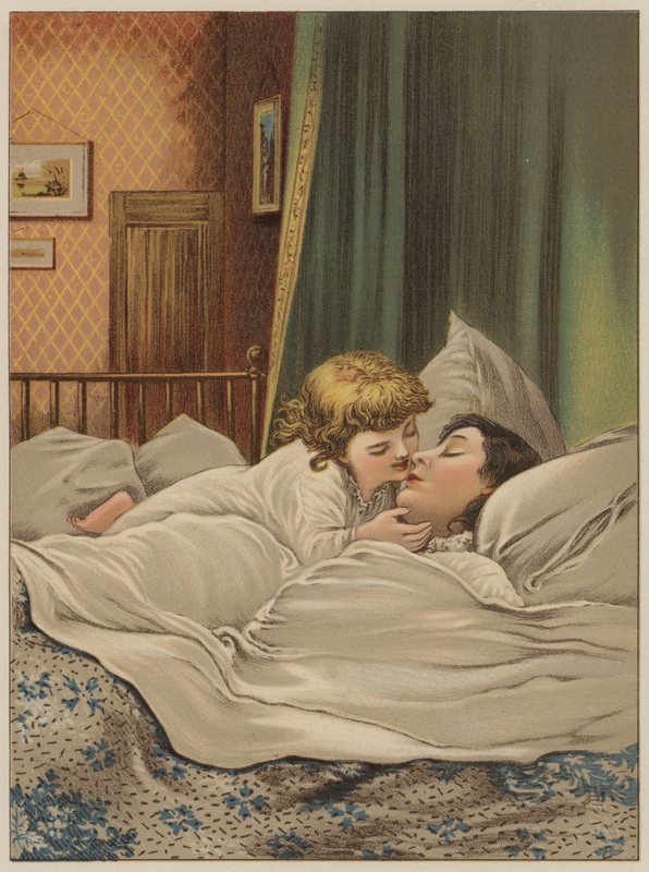 孩子在床上与母亲（chromolitho） 作者 玛丽·艾伦·爱德华兹