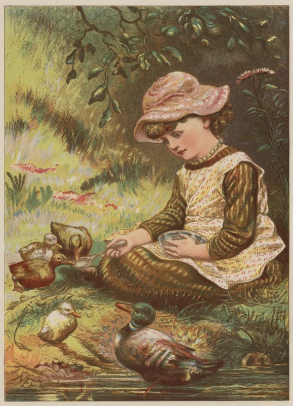 喂小鸭的女孩（chromolitho） 作者 玛丽·艾伦·爱德华兹