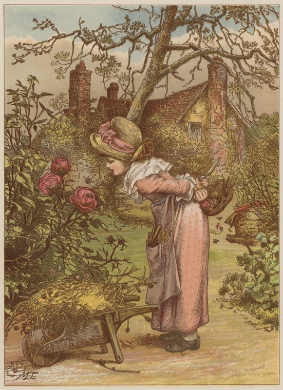 女孩在花园里看着蜜蜂（chromolitho） 作者 玛丽·艾伦·爱德华兹