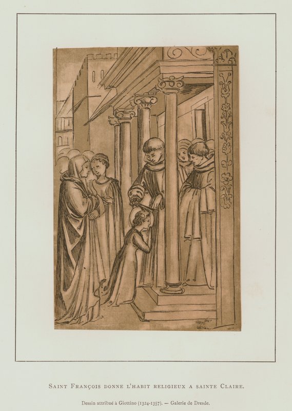 St Francis of Assisi cutting the hair of St Claire (litho) 作者 Maso di Banco Giottino