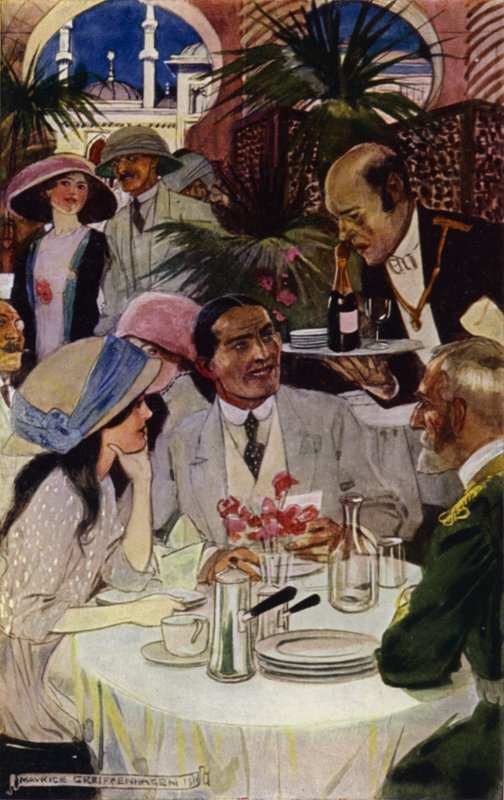 Visit to Baghdad: At the Restaurant (colour litho) 作者 莫里斯（后）格里芬哈根（Greiffenhagen）