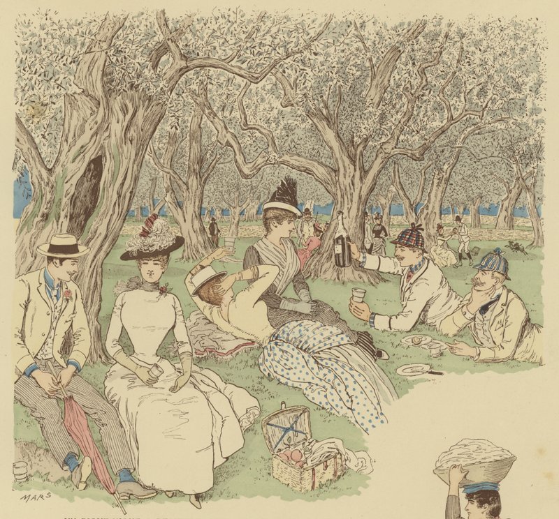 在法国南部博利厄的橄榄树下野餐（彩色平版印刷）。 作者 莫里斯（Maurice Charles）Mathieu Bonvoisin