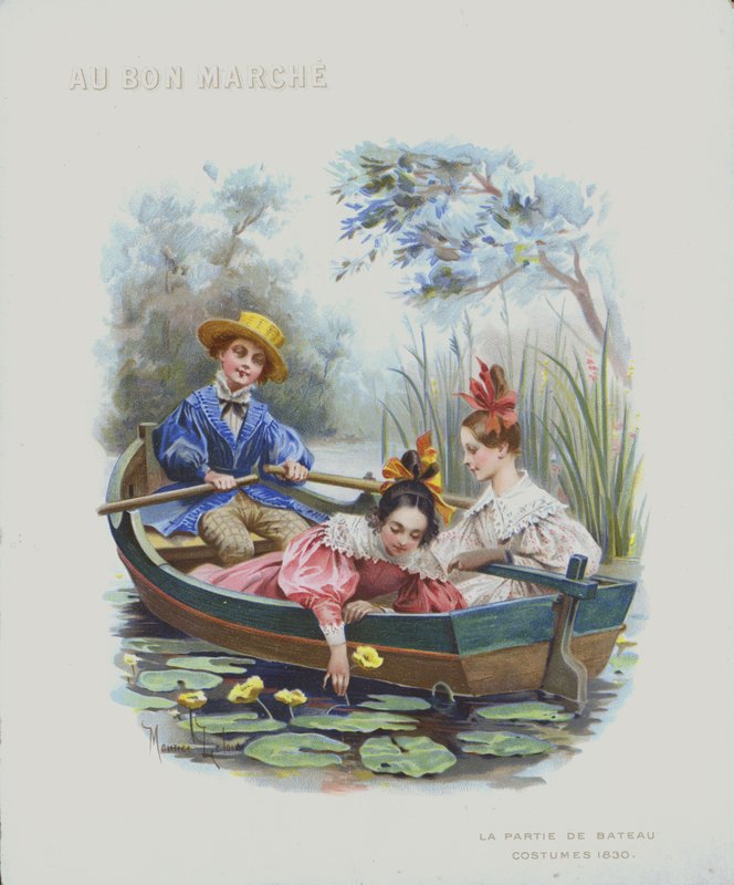 划船，1830 年的服饰 (chromolitho) 作者 莫里斯·勒卢瓦（Maurice Leloir）