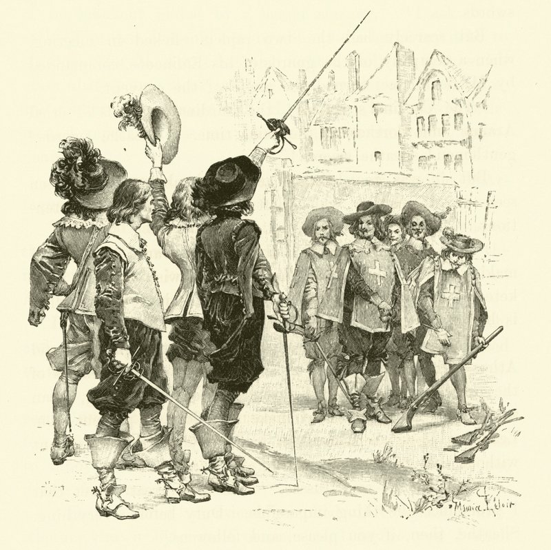 Illustration for The Three Musketeers (engraving) 作者 莫里斯·勒卢瓦（Maurice Leloir）