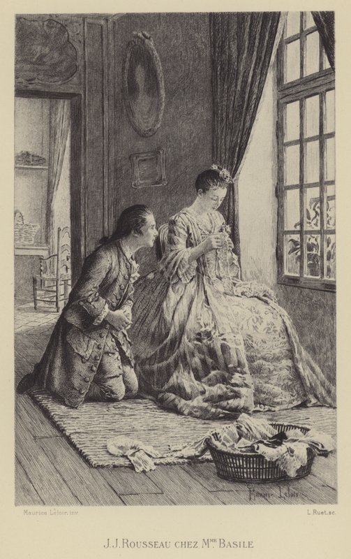 让-雅克·卢梭在巴西勒夫人的家中（凹版印刷） 作者 莫里斯·勒卢瓦（Maurice Leloir）