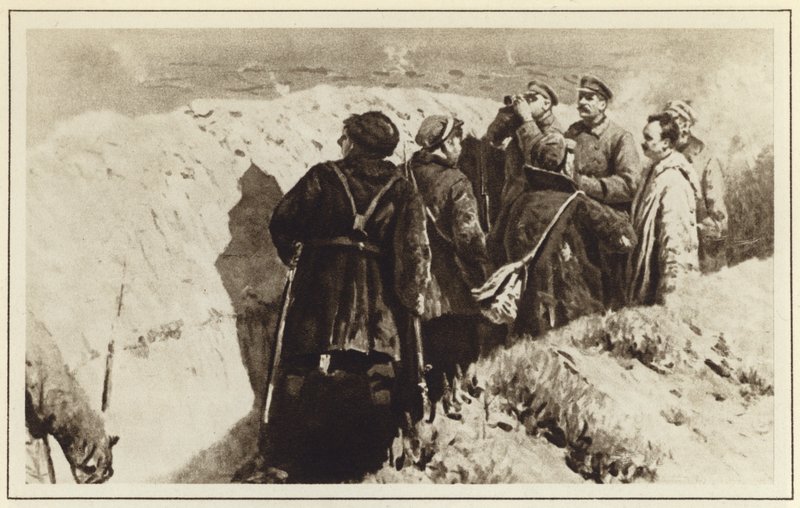 布尔什维克指挥官约瑟夫斯大林和Kliment Voroshilov在1918年俄罗斯内战Tsaritsyn的战壕中 作者 米特罗凡·鲍里索维奇·格雷科夫（Mitrofan Borisovic Grekov）