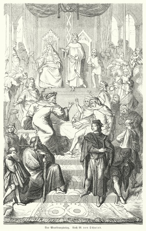 Sangerkrieg，1207 年图林根州瓦尔特堡城堡的吟游诗人之间的比赛（版画） 作者 莫里兹·路德维希·冯（后）施温德