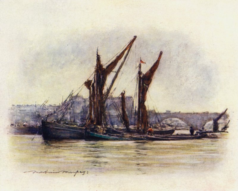 在威斯敏斯特桥附近的干草驳船 作者 Mortimer Ludington Menpes