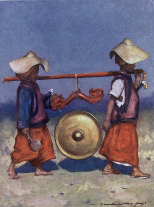 带黄铜锣（彩色石版）的掸子 作者 Mortimer Ludington Menpes