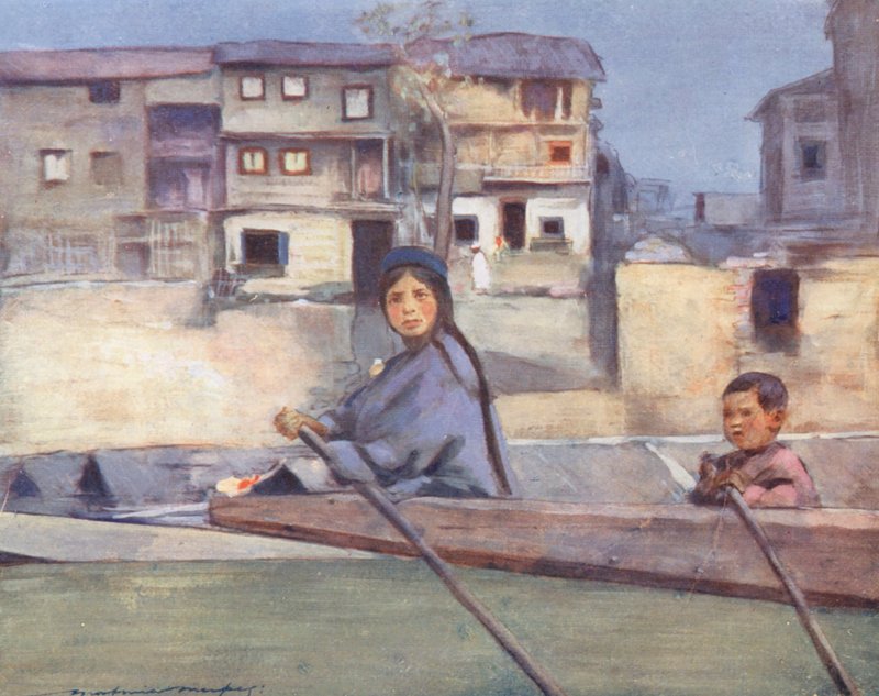 世界儿童：开士米尔，杰赫勒姆河上（彩色石版画） 作者 Mortimer Ludington Menpes