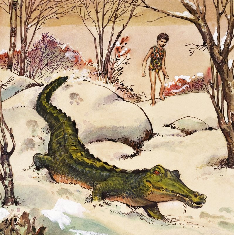 彼得跟着鳄鱼》，J.M. Barrie 的《彼得-潘》插图（纸面水粉画） 作者 纳迪尔·昆托