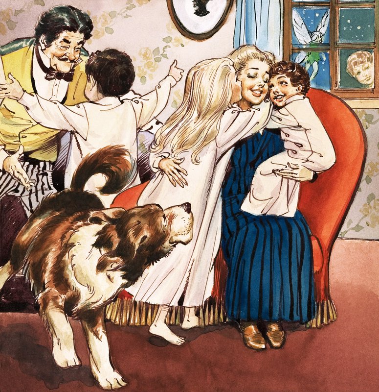 达令一家》，J.M. Barrie 所著《彼得-潘》中的插图（纸面水粉画） 作者 纳迪尔·昆托