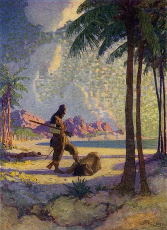 Illustration for Robinson Crusoe (colour litho) 作者 纽维尔（惠氏）谈话（之后）