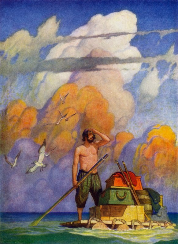Illustration for Robinson Crusoe (colour litho) 作者 纽维尔（惠氏）谈话（之后）