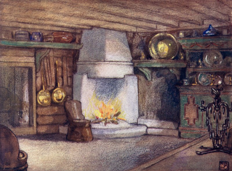 挪威：小屋内部，泰勒马克（彩色石版画） 作者 尼科·容曼