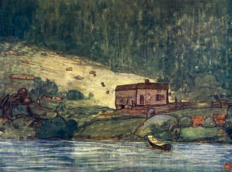 挪威：Gjora 河畔的一个小农场（彩色石版画） 作者 尼科·容曼