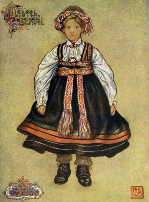 挪威：一个小的 Saetersdalen 农民女孩（彩色石版画） 作者 尼科·容曼