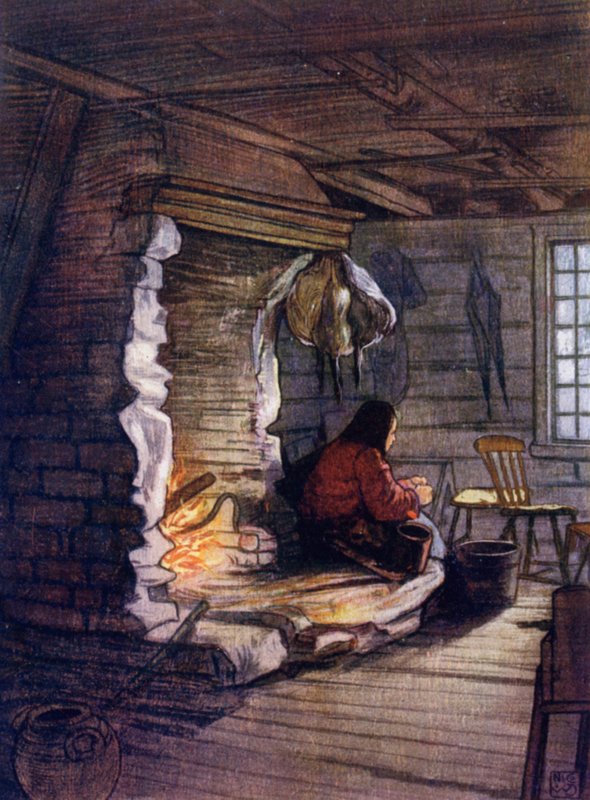 挪威：制作晚餐，Saelbo 的小屋内部（彩色石版画） 作者 尼科·容曼
