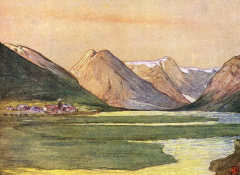 Norway: Mundal, Fjaerland, Sognefjord (colour litho) 作者 尼科·容曼