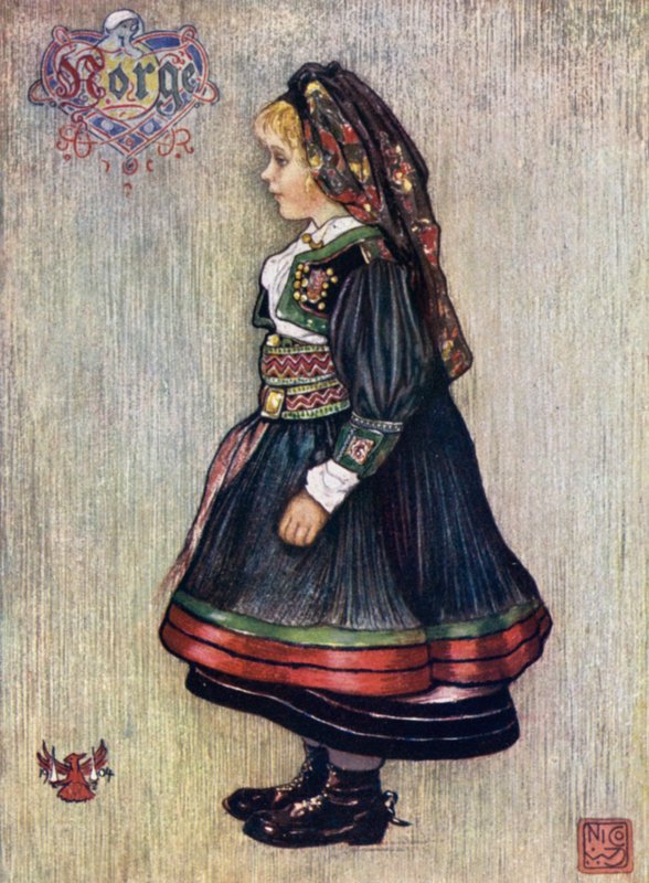 挪威：身着民族服装的 Saetersdalen 女孩（彩色石版画） 作者 尼科·容曼