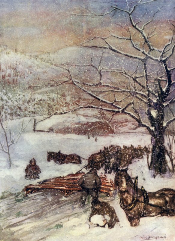 挪威：八匹或十匹马绘制的雪犁（彩色石版画） 作者 尼科·容曼