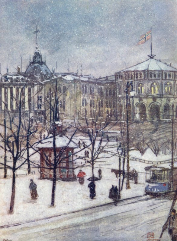 挪威。议会大厦（Storthing），Christiania（彩色平印）。 作者 尼科·容曼