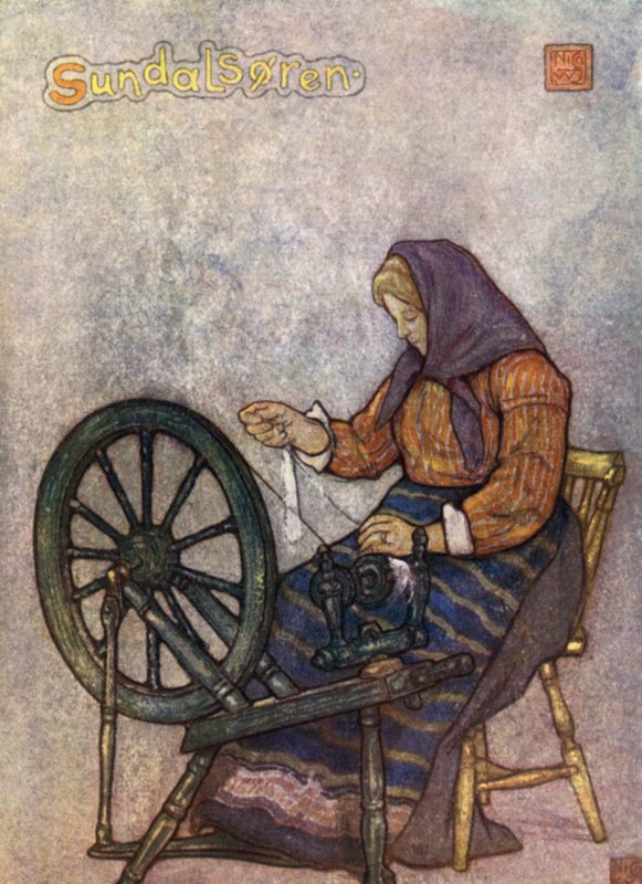 Norway: Woman Spinning, Sundalsoren (colour litho) 作者 尼科·容曼